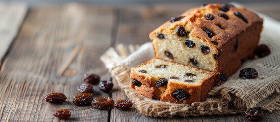 Poster - Close up rustic image of a tasty homemade cake with raisins on a light wooden surface perfect for communication materials with empty space for text. Creative banner. Copyspace image
