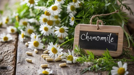 Wall Mural - chamomile capsules and flowers homeopathy. Selective focus.