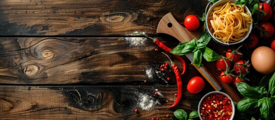 Poster - Composition of textures featuring fresh ingredients like cherry tomatoes chili peppers and egg pasta displayed on a chopping board on a wooden table with a copy space image