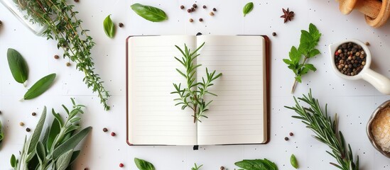 Poster - Flat lay with blank notebook pages showcasing copy space image for menu recipe book or food blog design set on a white background with green herbs and spices