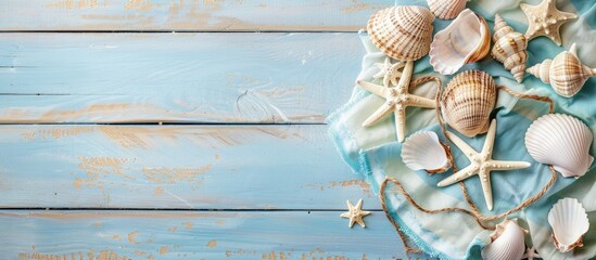 Poster - Top view of beach towel seashells and starfish on pastel blue wooden planks background with copy space image for text showcasing a creative summer travel vacation theme