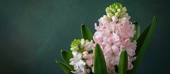 Poster - A close up view of a delicate pastel pink hyacinth with green leaves and flower buds known as Hyacinthus orientalis a typical spring flower against a backdrop suitable for adding text or images