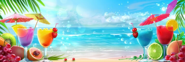 Poster - Four colorful cocktails garnished with fruit and mini umbrellas sit on a sandy beach with a clear ocean and waves in the background. Generative AI