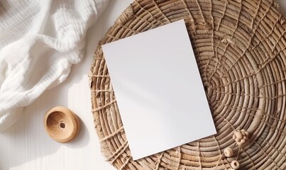 Wall Mural - A blank paper on a wicker placemat with wooden bowl and white fa