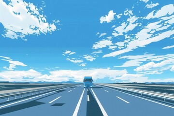 Poster - A blue semi-truck drives down a highway with white lane markings on a sunny day. The horizon extends to the edge of the image and there are white clouds against a blue sky. Generative AI
