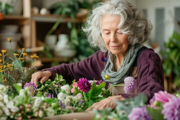 Wall Mural - Serene Senior Woman in Rebecca Purple Arranging Flowers, Peaceful Mindfulness Activity