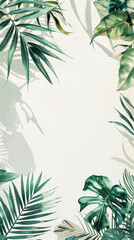 Wall Mural - Aesthetic watercolor frame with green tropical leaves, copy space, light background, foliage template. Generative AI