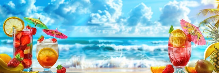 Poster - Three colorful cocktails garnished with fruit and small umbrellas rest on a beach with the ocean in the background. Generative AI