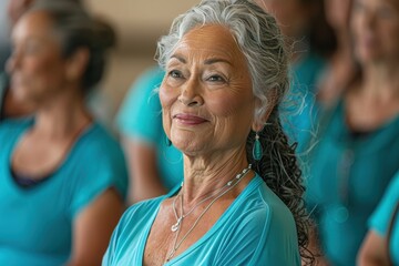 Wall Mural - Active Senior Woman in Matte Teal Attending Stress Relief Dance Class