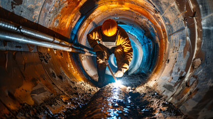 Wall Mural - Welding inside pipes. A welder works with a welding machine inside an old pipe.