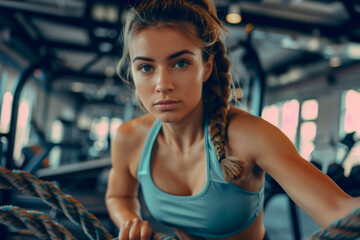 Wall Mural - Young woman in the gym with a rope. A woman trains with ropes in the gym. Sports background.