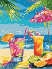 Poster - Two colorful cocktails garnished with fruit and an umbrella sit on a sandy beach under a palm tree and a bright, colorful umbrella. The ocean is visible in the background. Generative AI