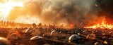 An intense and dramatic battlefield scene with soldiers, fire, and smoke, depicting the chaos and destruction of ancient warfare.