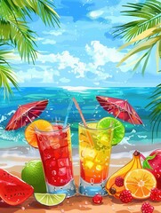 Poster - Two colorful cocktails garnished with fruits and umbrellas sit on the sand of a tropical beach. The ocean is visible in the background. Generative AI