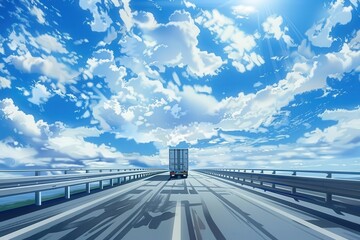 Poster - A semi-truck drives on a paved highway bridge with a clear blue sky and white clouds above. Generative AI