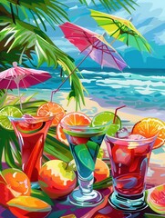 Aufkleber - Three colorful cocktails are garnished with fruit and sit on a beach under palm trees and umbrellas. Generative AI