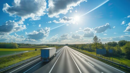 Poster - A white semi-truck drives on a straight highway with a bright blue sky and white clouds above. The sun shines brightly in the sky and the horizon appears open and expansive. Generative AI