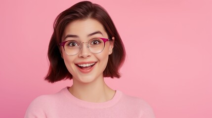 A woman with short hair and glasses is smiling and looking at the camera. She is wearing a pink shirt and has a pink frame around her glasses. Concept of happiness and positivity