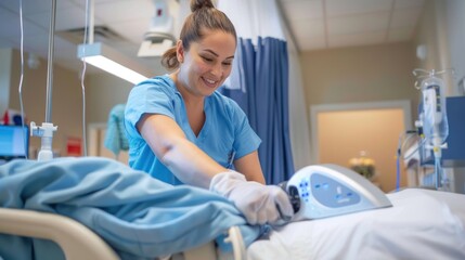 A female hospital cleaner cleans the patient's bed.