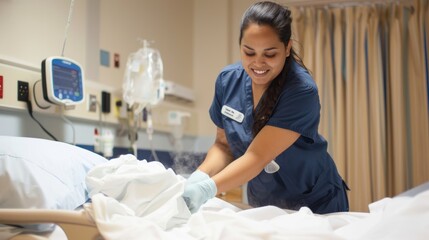 A female hospital cleaner cleans the patient's bed.