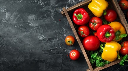 Wall Mural - Fresh vegetables in wooden crate on dark background