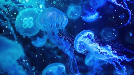 bioluminescent underwater dreamscape with ethereal jellyfish and swirling currents shimmering blue hues create mesmerizing patterns in mysterious oceanic depths