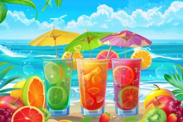 Aufkleber - Three colorful cocktails garnished with fresh fruit and topped with small umbrellas sit on a beach in front of a sparkling ocean. Generative AI