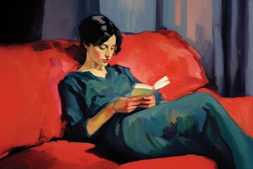 Sticker - Woman reading book painting furniture art.