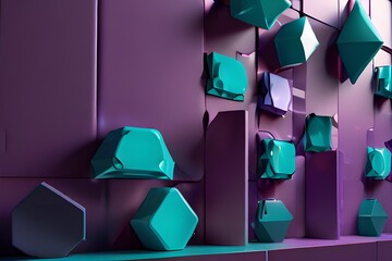 Wall Mural - Various 3D Shapes arranged to create a wall. Turquoise and Purple Tech background with copy-space. Generative AI