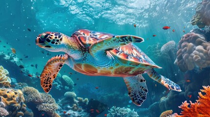 Wall Mural - A sea turtle swims in the blue sea.