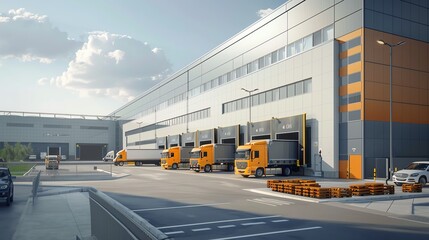 a modern logistics center with trucks and loading docks