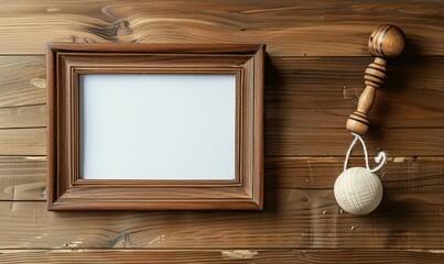 Wall Mural - A rustic wooden frame and a distressed white orb on a wooden sur