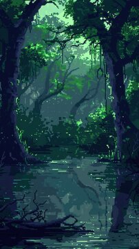 Pixel art swamp, murky water, dense trees, mysterious environment