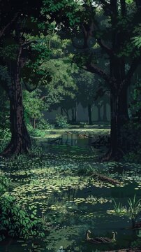 Pixel art swamp, murky water, dense trees, mysterious environment