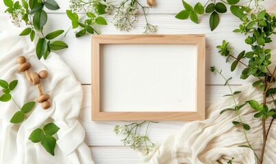 Wall Mural - A white wooden frame surrounded by greenery and white fabric