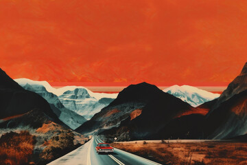 Wall Mural - collage composition of a car driving through mountains.