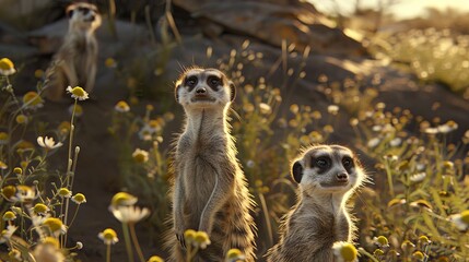 Wall Mural - Cute meerkats in their desert habitat