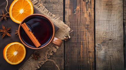 Wall Mural - Hot warming mulled wine on a wooden board with spices	