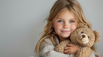 Wall Mural -  A young girl happily holds a  bear against her cheek while standing before a pristine white backdrop, prepared for a photograph