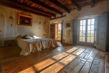 Wall Mural - Interior of an old house with a wooden floor and a bed