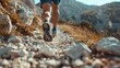 © furyon - dynamic trail running scene in rugged mountains closeup of runners legs and shoes navigating rocky path backpack suggests adventure captures the spirit of outdoor endurance sports