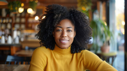 Wall Mural - A woman with curly hair and a warm smile wearing a mustard sweater, sitting in a cozy café with plants and warm lighting in the background.