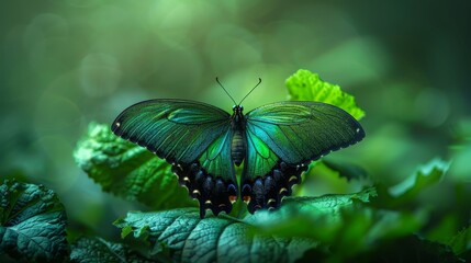 Wall Mural -  A large green butterfly atop a verdant plant, teeming with numerous leaves in the foreground