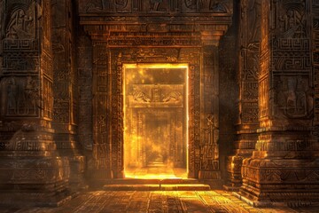 Ancient Temple Portal. A frame of weathered stone with ancient carvings and runes. The center is a mystical, glowing doorway.