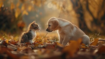 Poster - A young puppy and a kitten meet on a bed of fallen leaves. Generative AI