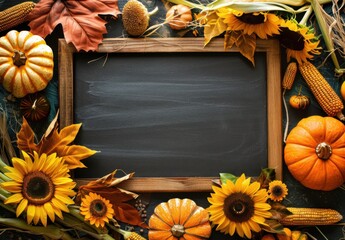 Wall Mural - a chalkboard surrounded by pumpkins, sunflowers, leaves, and corn arranged in a rustic autumn style.