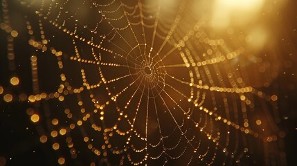  A close-up of a spider web adorned with dewdrops, sun behind, shining