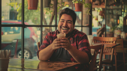 Wall Mural - A smiling man enjoys a drink at a cozy café, basking in the warm and inviting ambiance.