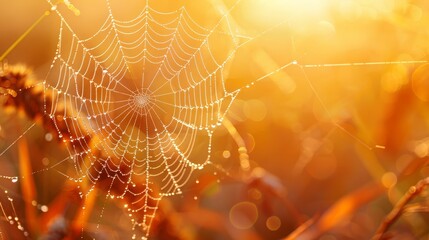  A tight shot of a spider's web ensnared on a plant, bathed in sunlight as rays penetrated its intricate design