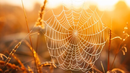  A tight shot of a spider web amidst grassy field, sun casting light through background web